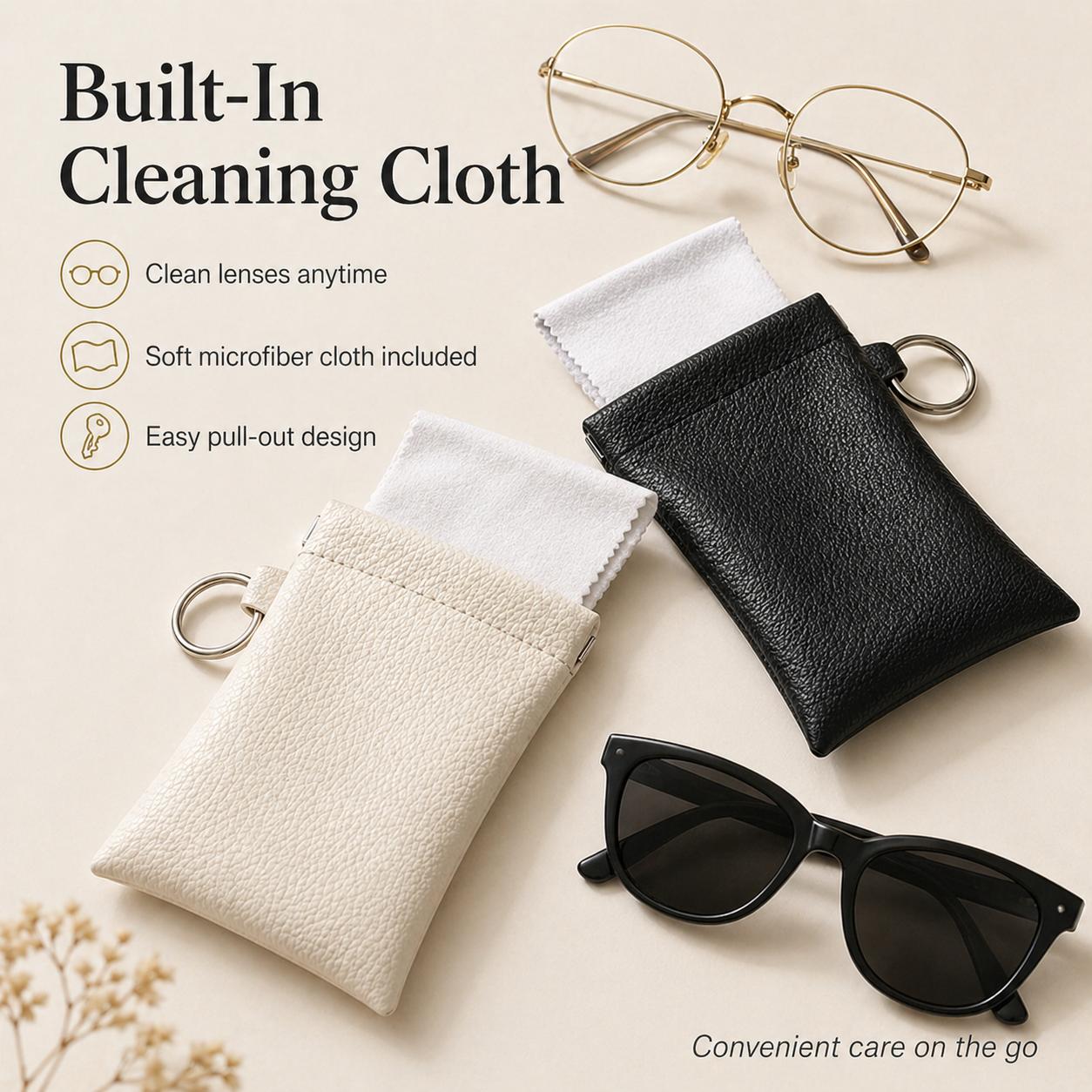 Soft PU Leather Sunglasses Pouch With Built-in Cleaning Cloth And Keychain