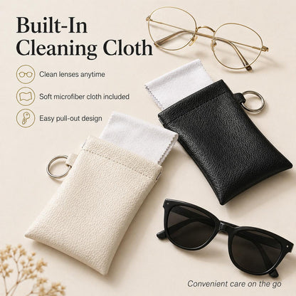 Soft PU Leather Sunglasses Pouch With Built-in Cleaning Cloth And Keychain