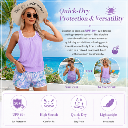 Tankini Swimsuit for Women Modest Two Piece Bathing Suit Scoop Neck Swim Suits with Boy Shorts