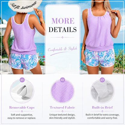 Tankini Swimsuit for Women Modest Two Piece Bathing Suit Scoop Neck Swim Suits with Boy Shorts