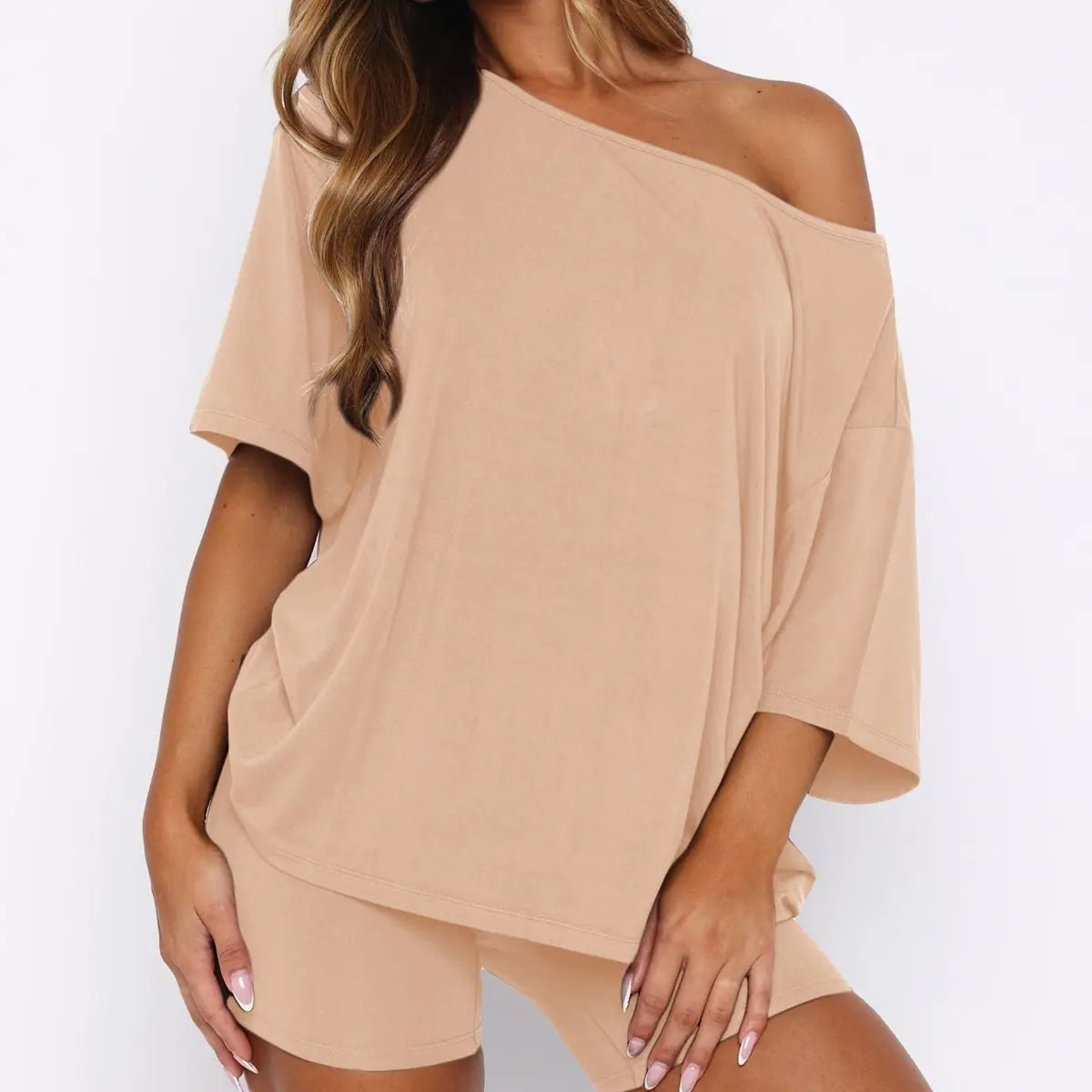 Women’s Casual Two Piece Lounge Set Off Shoulder Top & Fitted Shorts