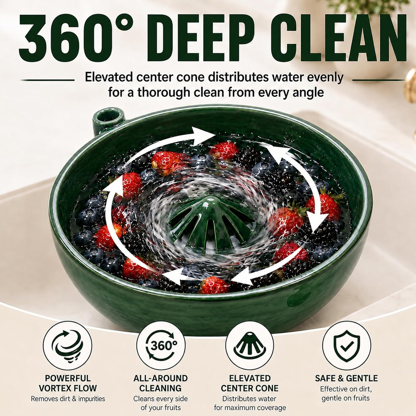 Rotating vegetable and fruit rinsing bowl with a central conical hole