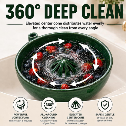 Rotating vegetable and fruit rinsing bowl with a central conical hole
