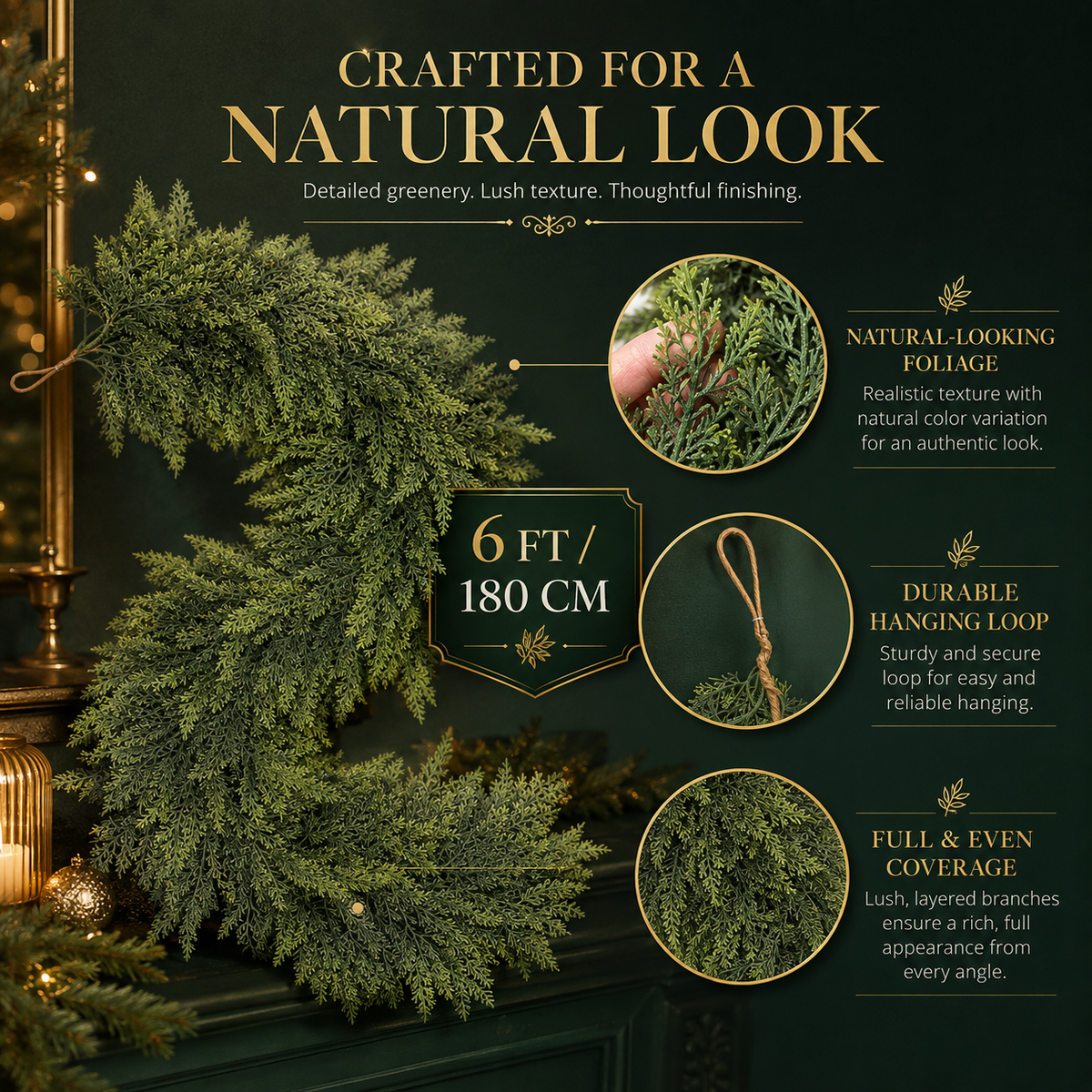 6FT Lush Artificial Cedar Garland – 120-Tip Christmas Greenery Decor