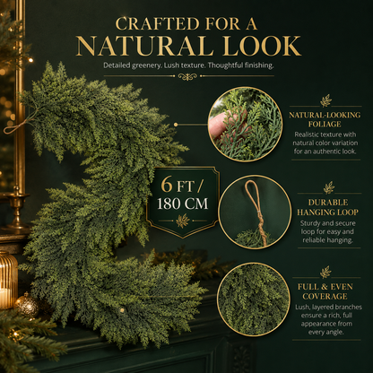6FT Lush Artificial Cedar Garland – 120-Tip Christmas Greenery Decor