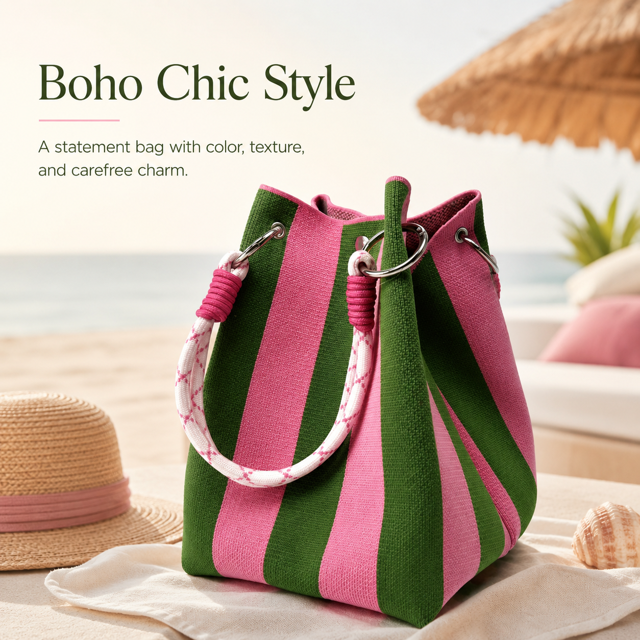 Boho Woven Bucket Bag – Lightweight Crochet Shoulder Bag