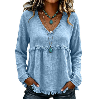 Bohemian Charm Fringe V-Neck Pullover — Effortless Elegance