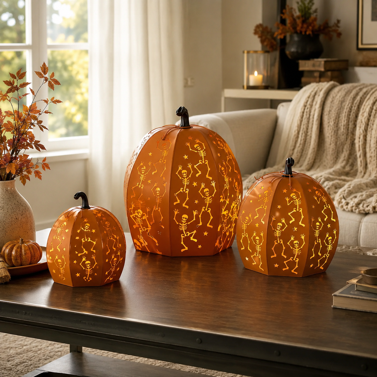 ✨ Stackable LED Pumpkin Lanterns with Skull & Skeleton Shadows