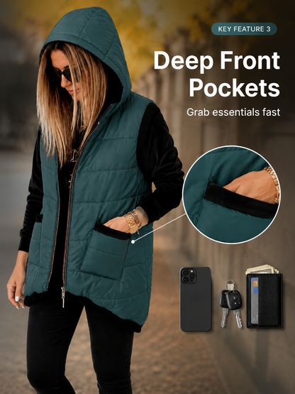Women's Lightweight Hooded Quilted Vest with Pockets