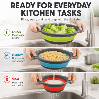 3-Piece Collapsible Colander Set with Self-Draining Base