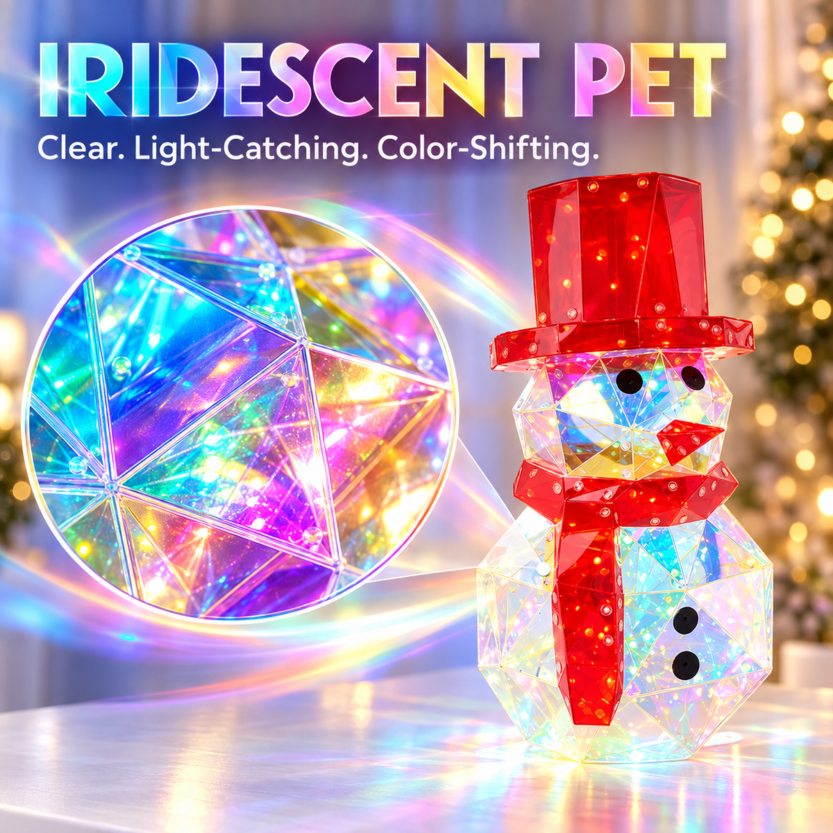 Iridescent LED Christmas Decor – Handcrafted Holiday Tree, Snowman Light Display