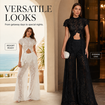 Lace Cutout Round-Neck Split Dress Set