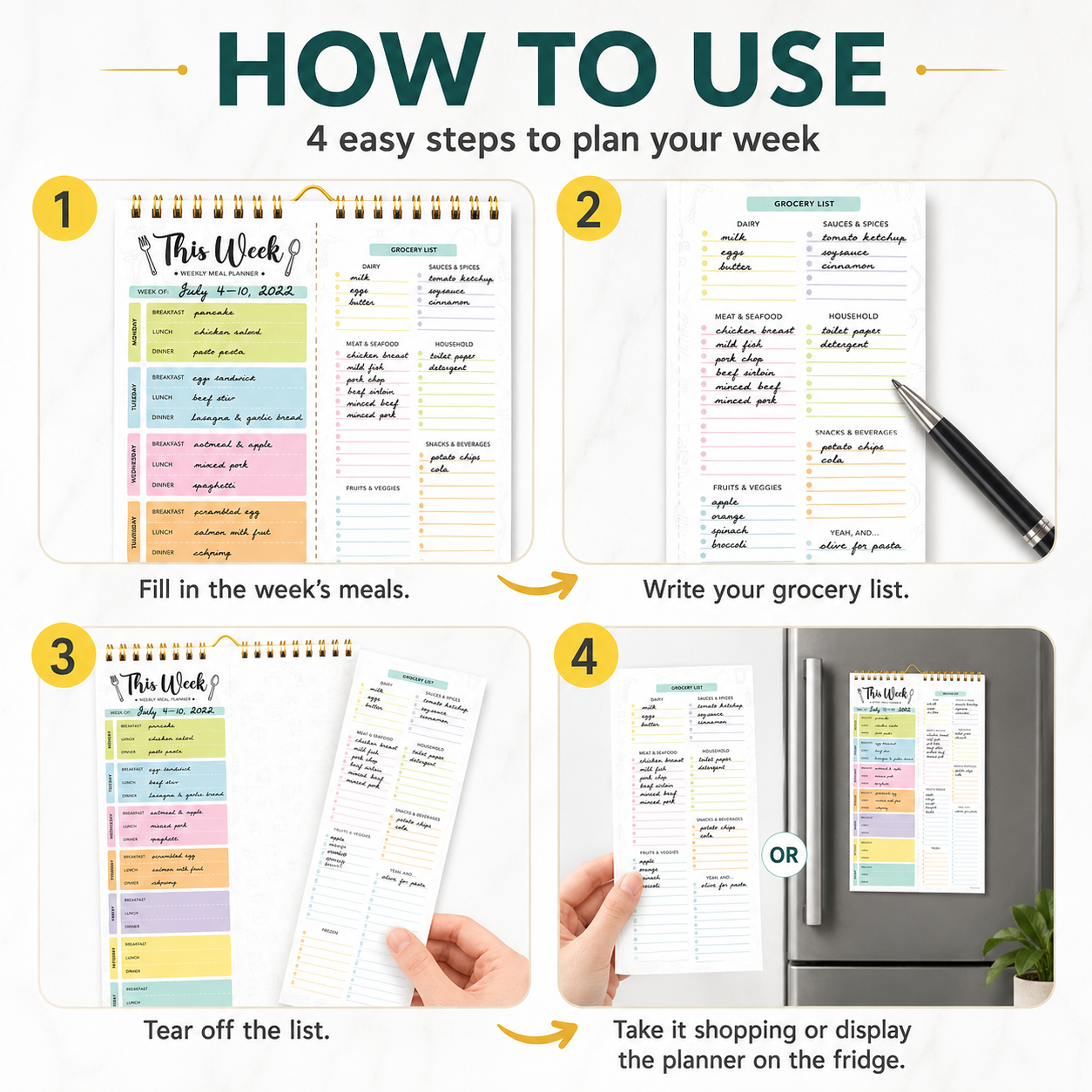 Undated Weekly Meal Planner: 52 Double-Sided Sheets, Grocery List
