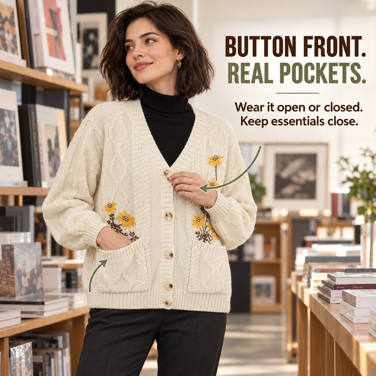 Women's Floral Embroidered Cable Knit Cardigan – Cozy Relaxed Button-Front Sweater with Pockets