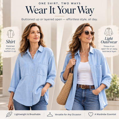 Women’s Denim Shirt Chambray Blue Button Down 3/4 Sleeve Tencel Top