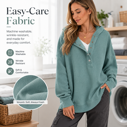 Women's V-Neck Button Lightweight Casual Hoodie