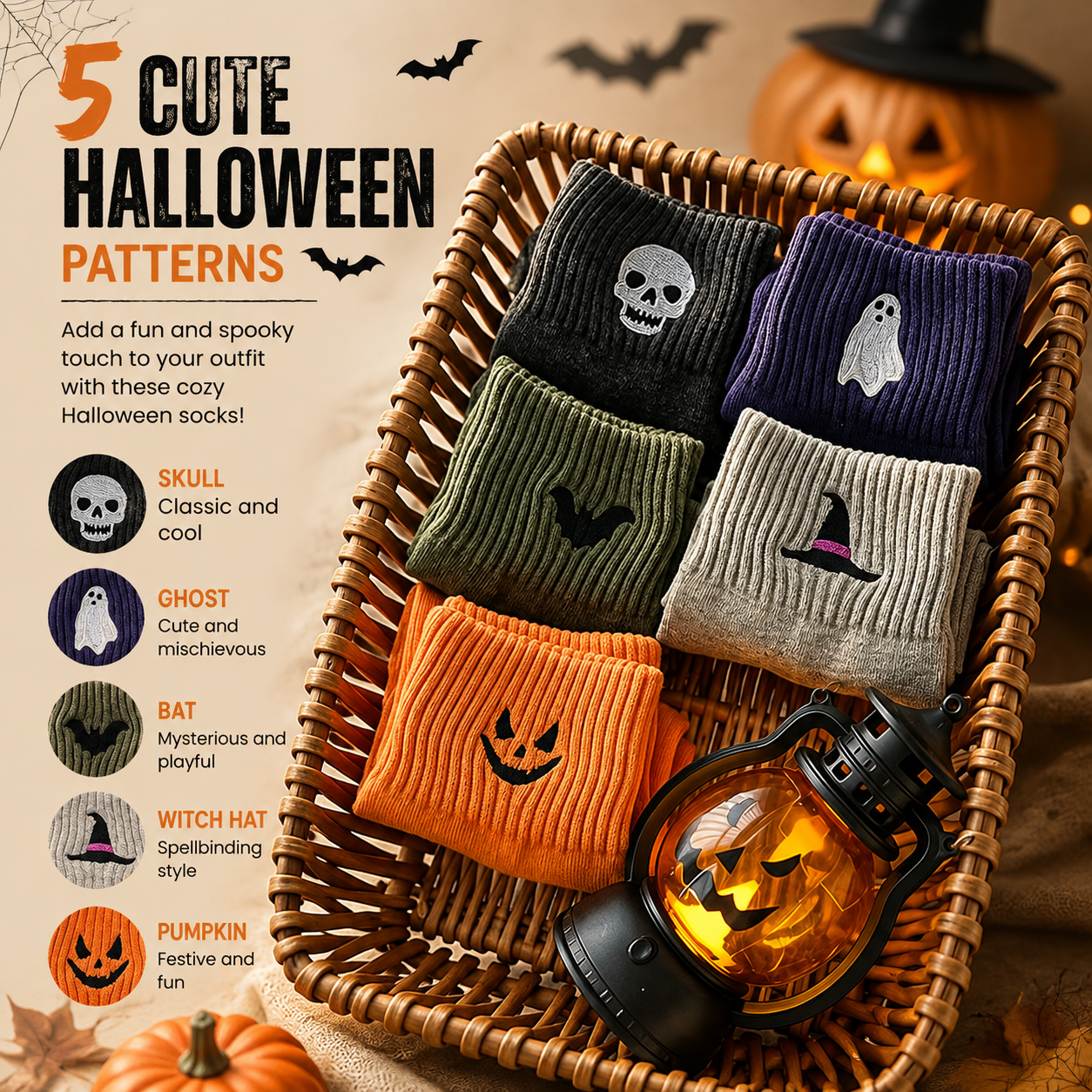 Spooky & Cute Halloween Socks for Women – 5-Pair Cozy Crew Sock Set