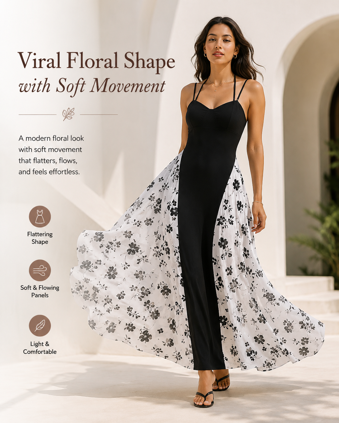 Women’s Viral Black & White Floral Maxi Dress – Elegant Spaghetti Strap Summer Dress