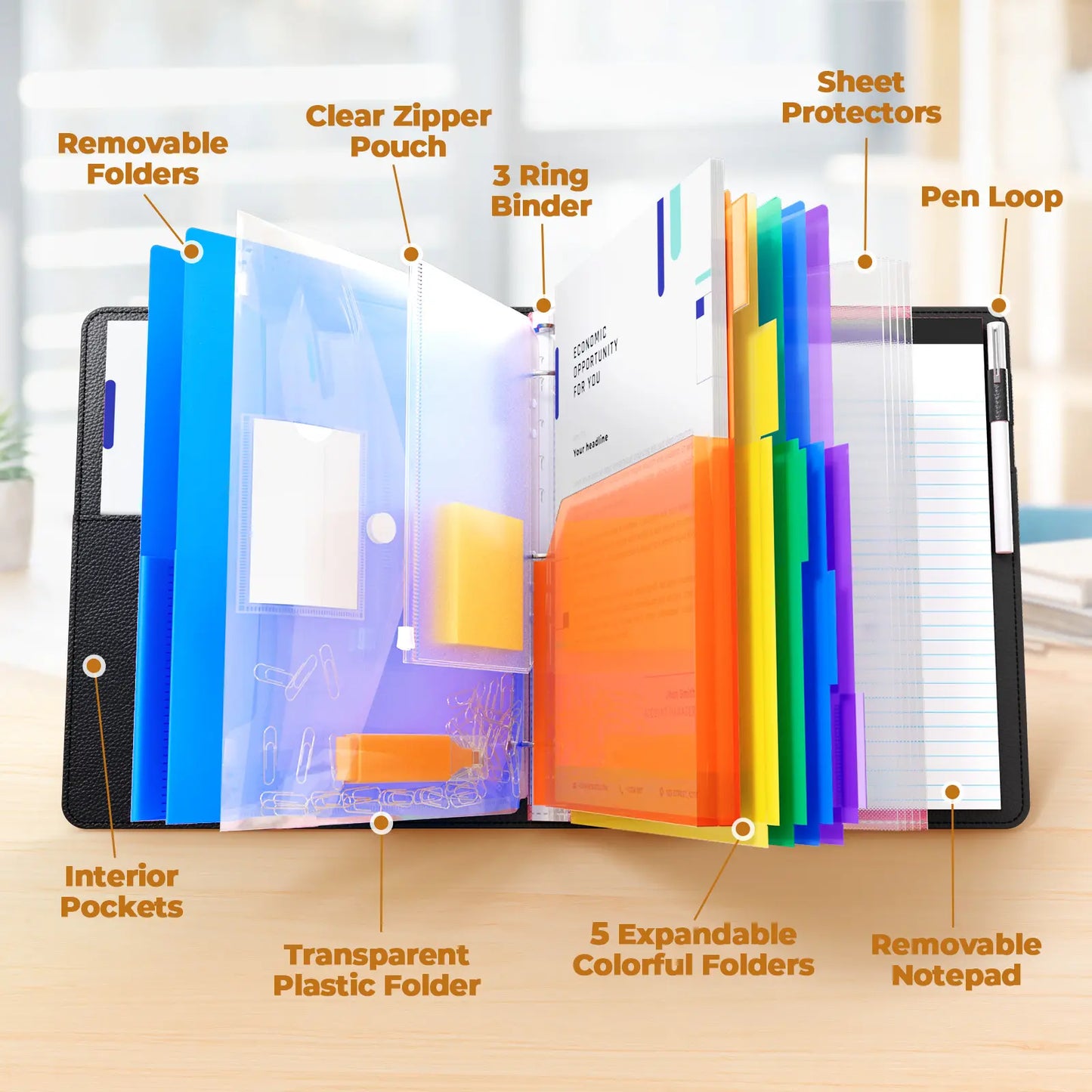 PU Leather 3-Ring Binder Clipboard with Storage & Magnetic Clip (12.4"x10.2")
