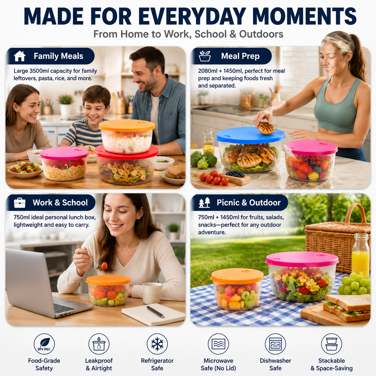 4-Piece Food Storage Containers with Lids – Multi-Size Stackable Kitchen Storage Bowls