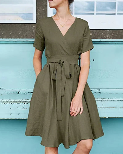 Short Sleeved With Belted Dress Holiday Dresses