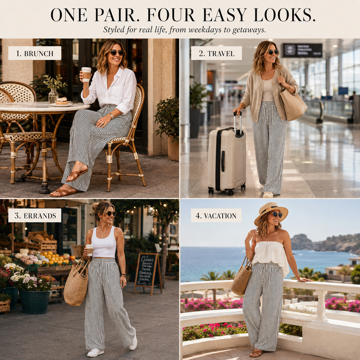 Women’s Plus Size High-Waisted Stretchy Striped Wide-Leg Casual Pants