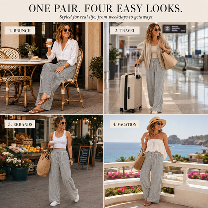 Women’s Plus Size High-Waisted Stretchy Striped Wide-Leg Casual Pants