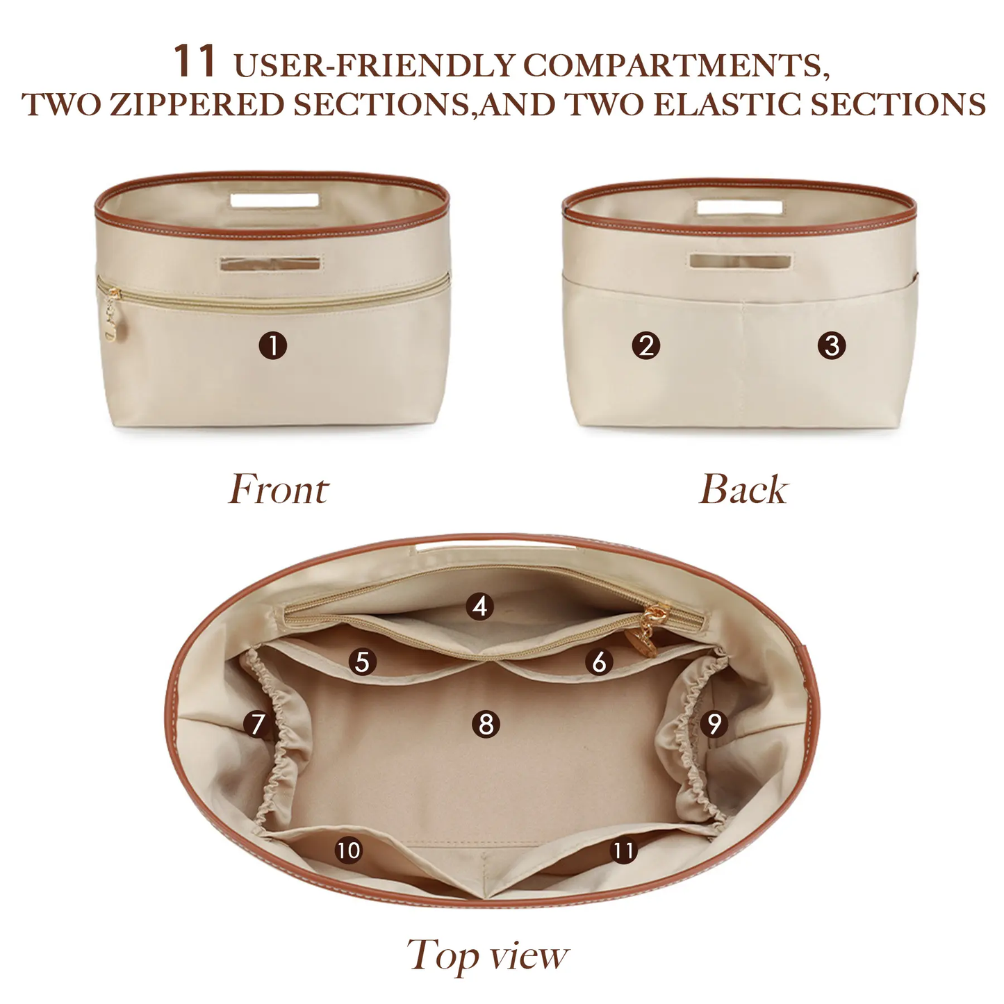 Lightweight waterproof tote bag insert with zippered pocket and cup holder