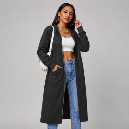 Women's Mid-Length Hooded Cardigan – Casual Open-Front Coat