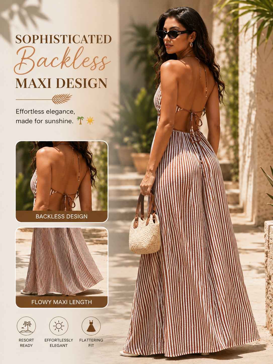 Instant Slimming Striped Maxi Dress – Elegant Deep V-Neck Halter Resort Dress