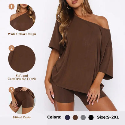 Women’s Casual Two Piece Lounge Set Off Shoulder Top & Fitted Shorts