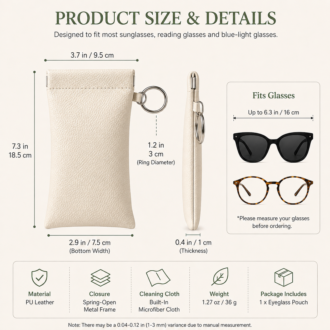 Soft PU Leather Sunglasses Pouch With Built-in Cleaning Cloth And Keychain