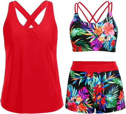 Three Piece Tankini with Shorts with Pockets