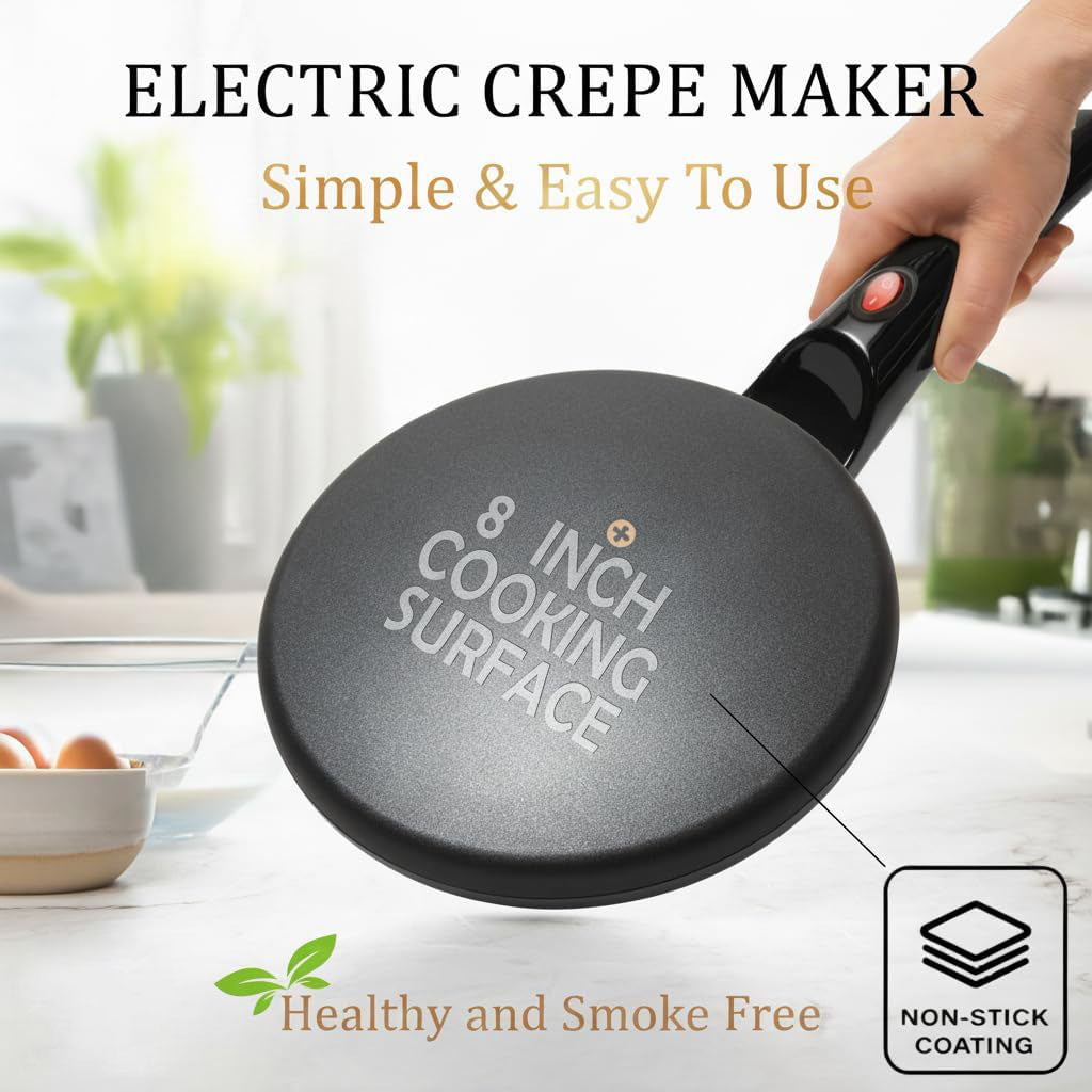 8" Portable Nonstick Crepe Pan-Auto shut-off, even heating, dual temperature control