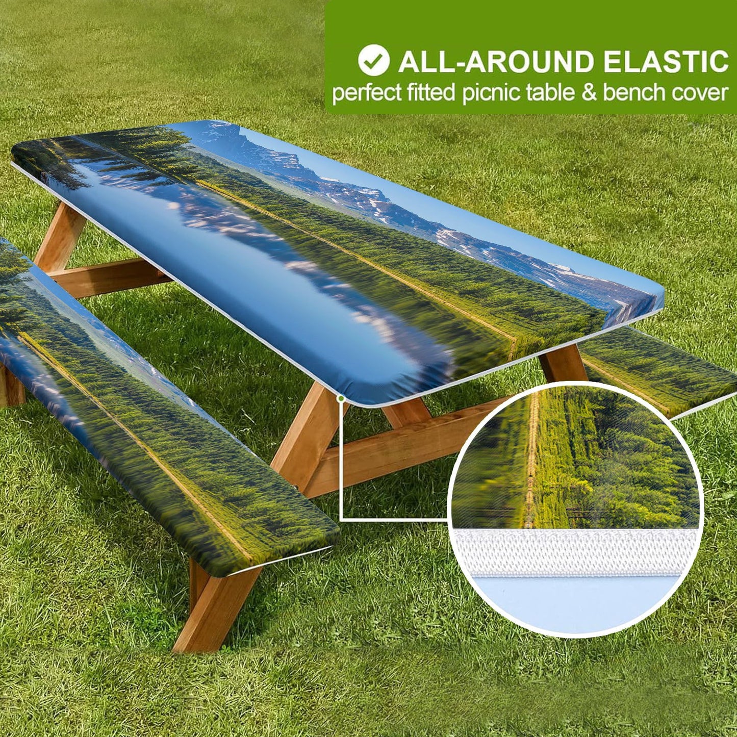 🏕️ Stretch Tablecloth Set with Bench Covers & Bag – Waterproof Polyester, Fitted Elastic, Machine Washable for Outdoor Patio – Available in 30"x48", 30"x72", 30"x96" 🧺✨