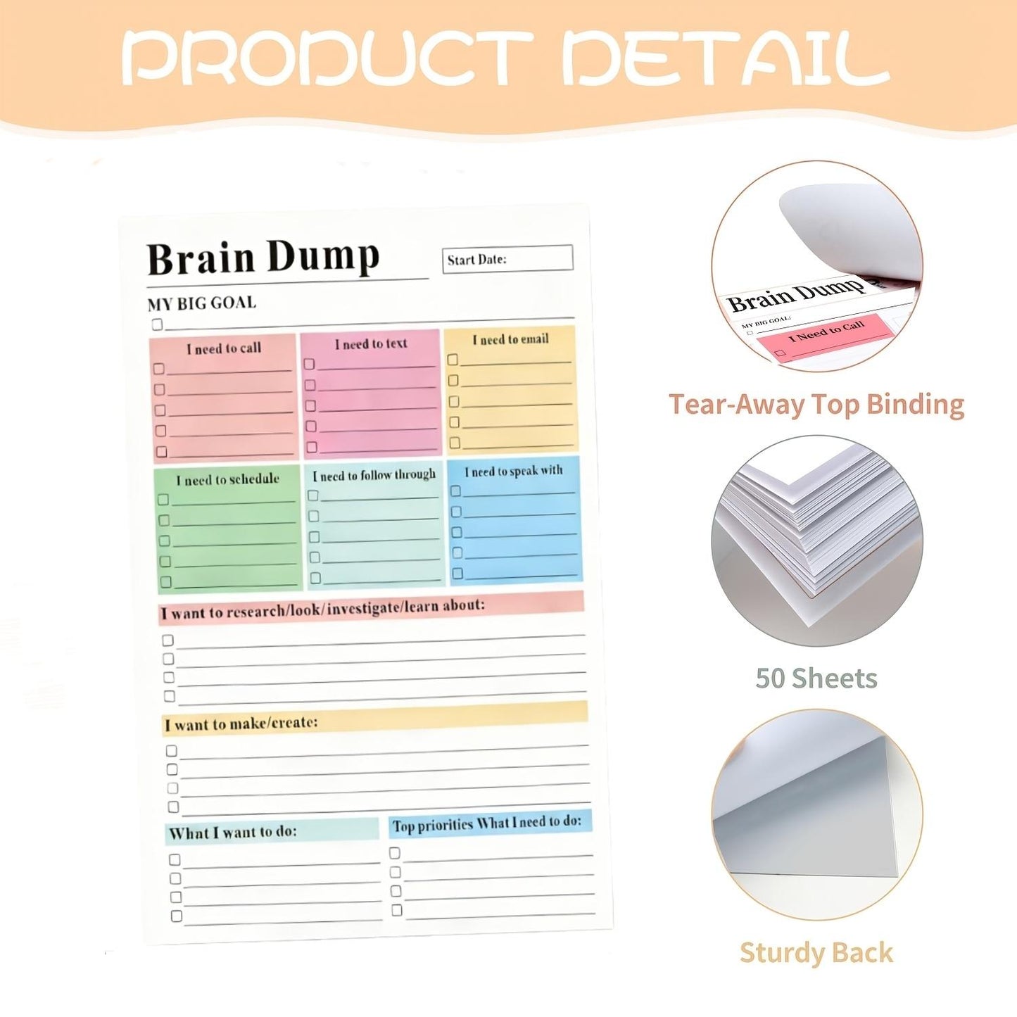 ADHD Brain Dump Planner Notepad - 50 Tear-Off Sheets (8.5x6.5in)