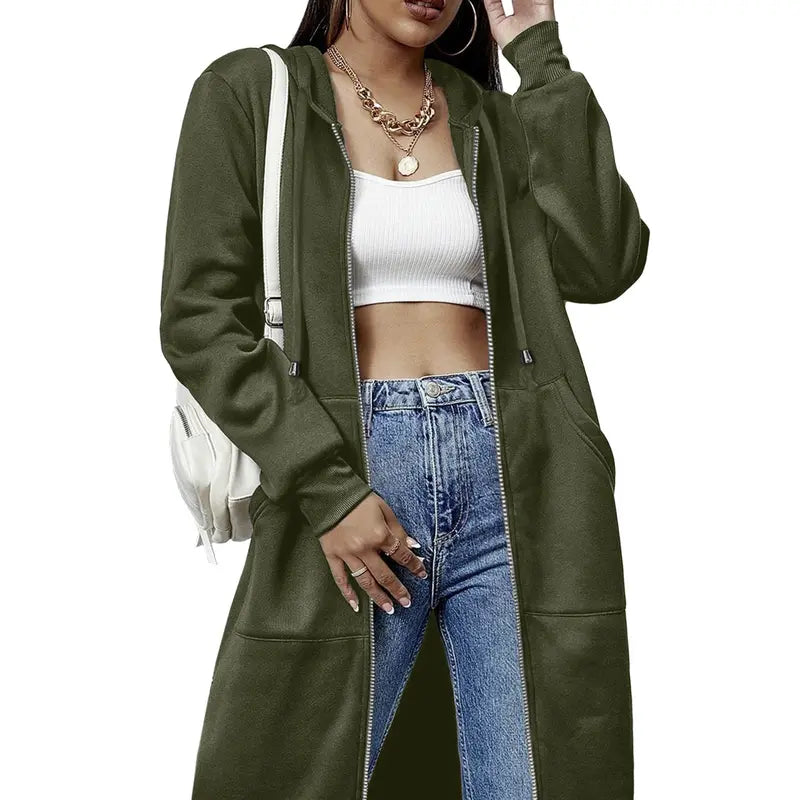 Women's Mid-Length Hooded Cardigan – Casual Open-Front Coat