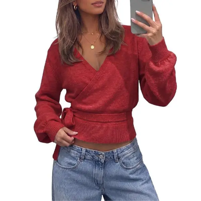 Women’s Slim-Fit Cardigan Knit Sweater with Long Lantern Sleeves