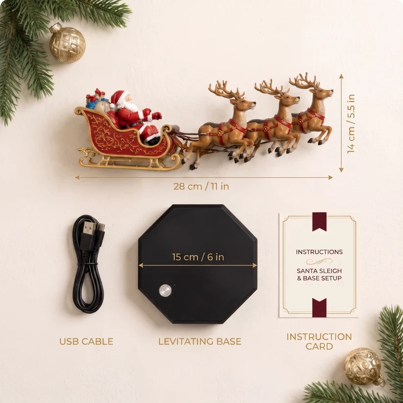 Magnetic Levitation Santa Sleigh – with Lights, Tabletop and Mantel Decorations