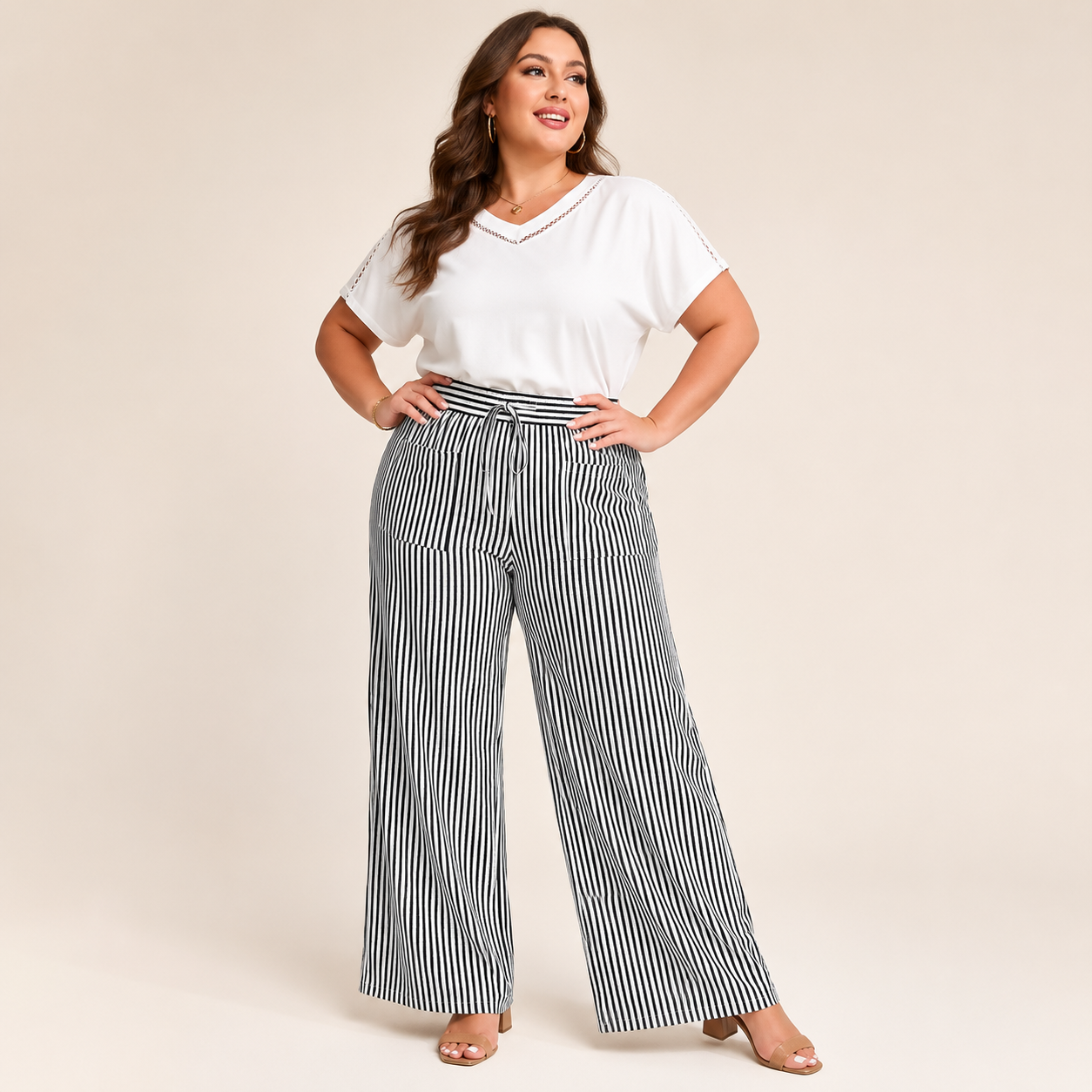 Ultra-Comfort High-Waisted Striped Wide Leg Pants with Deep Pockets