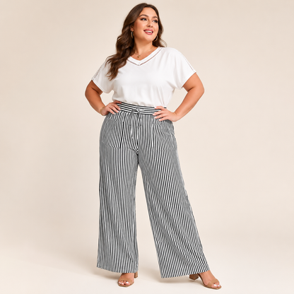 Ultra-Comfort High-Waisted Striped Wide Leg Pants with Deep Pockets