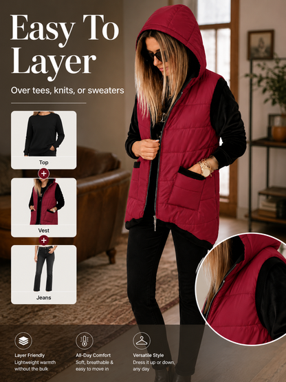 Women's Lightweight Hooded Quilted Vest with Pockets