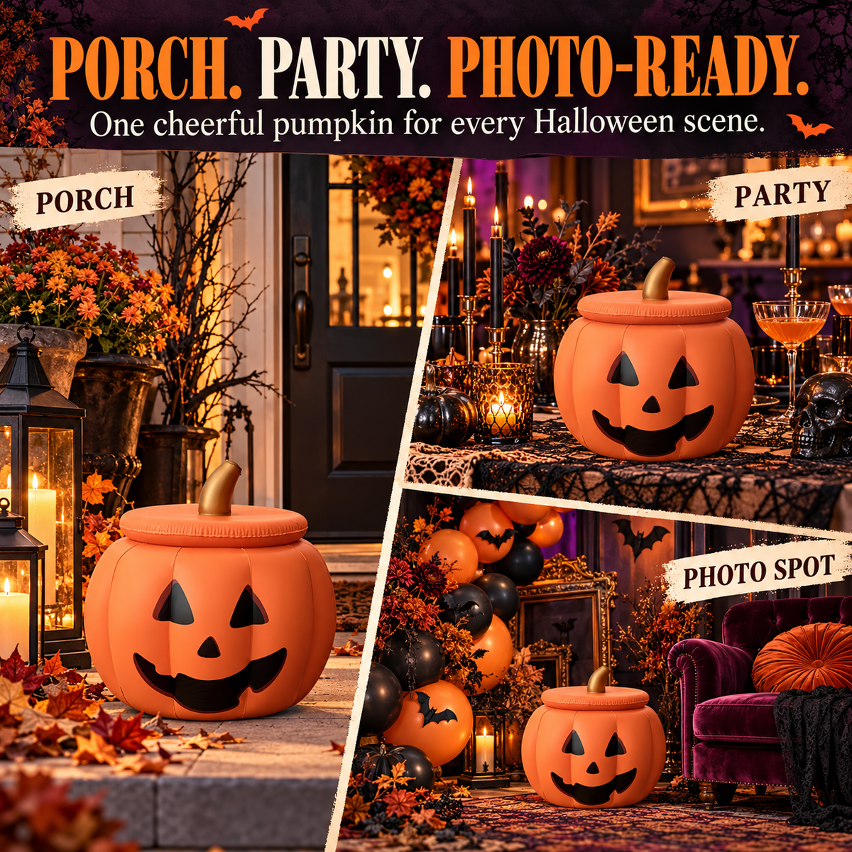 Inflatable Pumpkin Bucket with Detachable Lid & Reusable Design