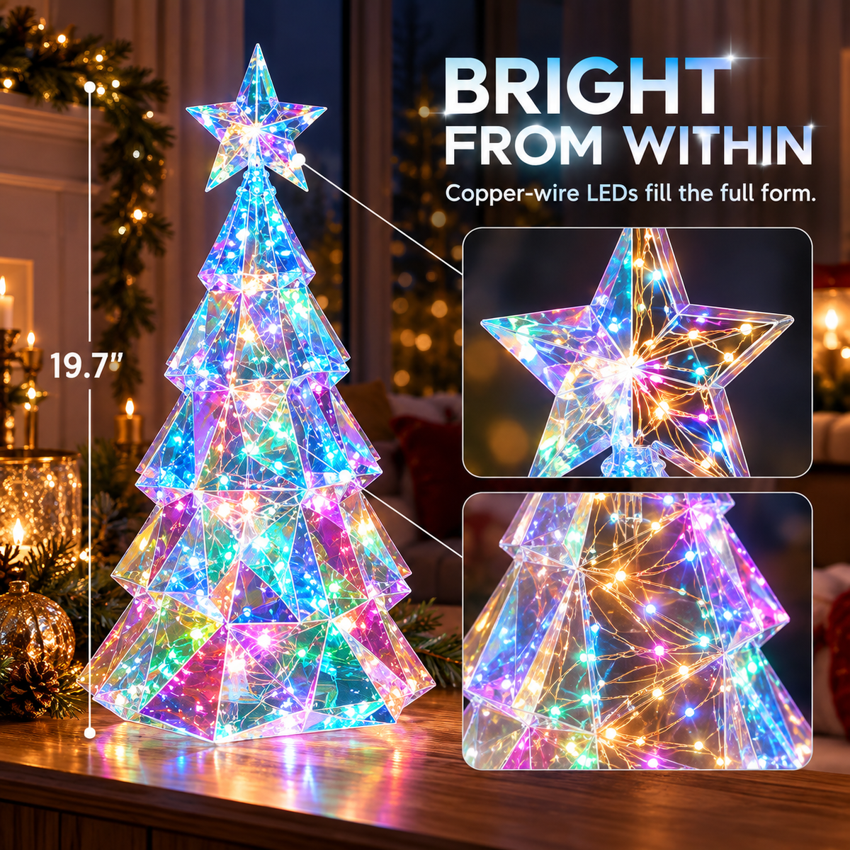 Iridescent LED Christmas Decor – Handcrafted Holiday Tree, Snowman Light Display