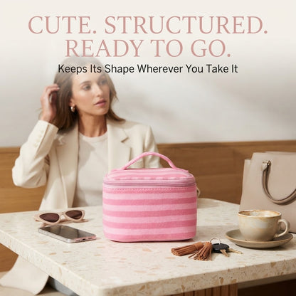Pink Striped Portable Makeup Bag with Built-In Mirror
