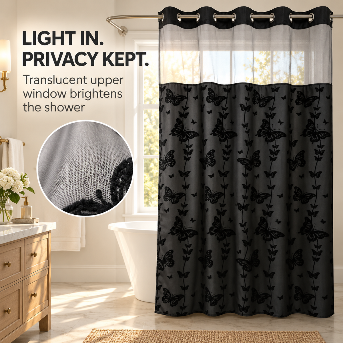 Hookless Double-Layer Shower Curtain with Snap-in Fabric Liner