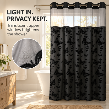 Hookless Double-Layer Shower Curtain with Snap-in Fabric Liner