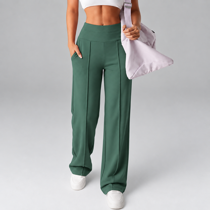 Women’s High-Rise Wide-Leg Comfort Pants with Pockets, Stretch Fit & Front Seams