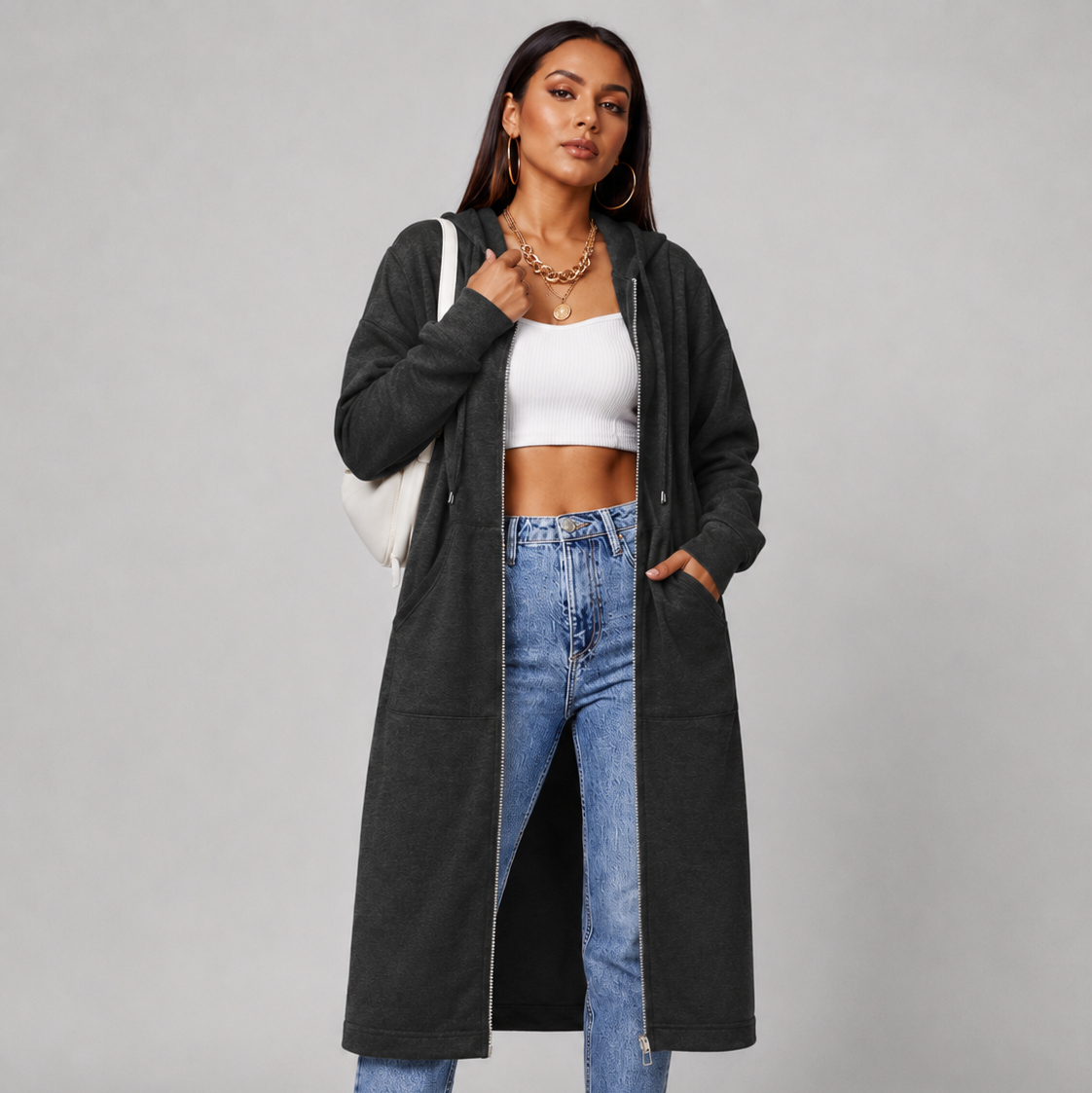 Women's Mid-Length Hooded Cardigan – Casual Open-Front Coat