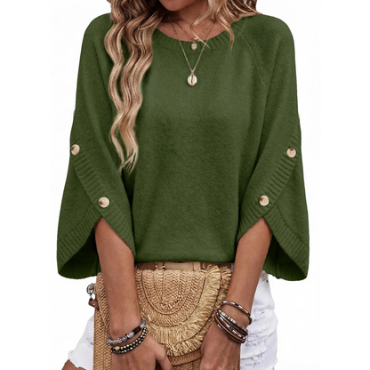 Women's loose-fitting crew neck sweater with three-quarter sleeves and buttoned cuffs